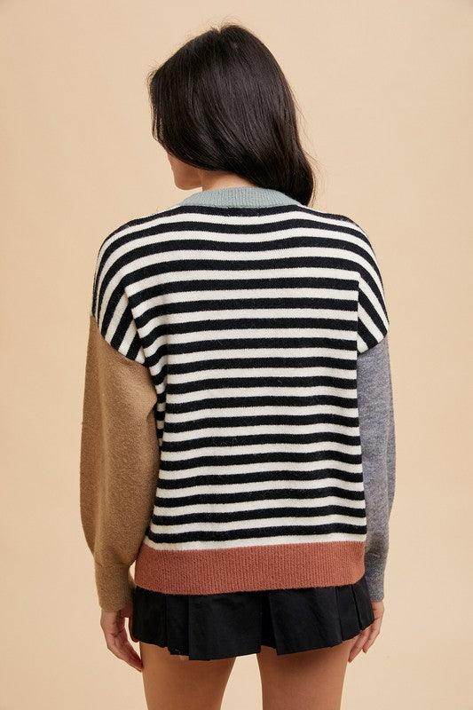 Annie Wear Striped Color Block Round Neck Sweater for Women - Selvanelle