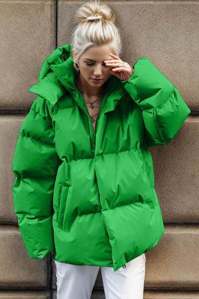 Pocketed Zip Up Hooded Puffer Jacket for Winter Comfort - Selvanelle
