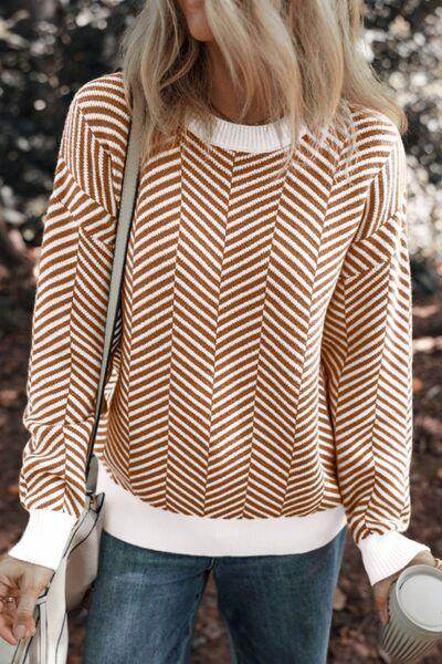 Striped Round Neck Long Sleeve Sweater for Women Fashion - Selvanelle