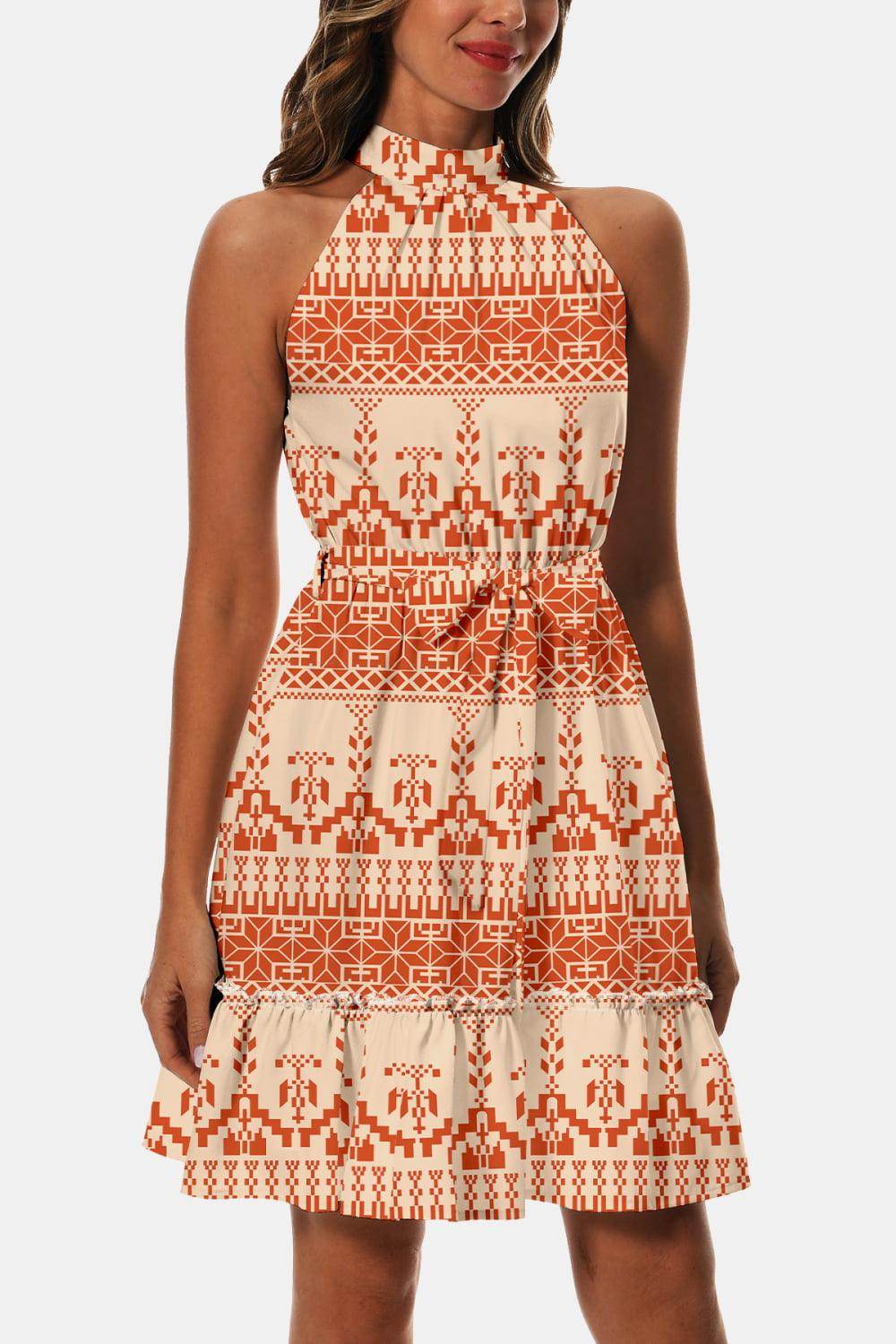 Printed Tie Waist Frill Trim Dress for Chic Summer Style - Selvanelle