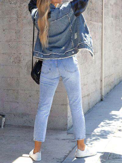 Raw Hem Plaid Sleeve Denim Jacket for Trendy Style - Selvanelle