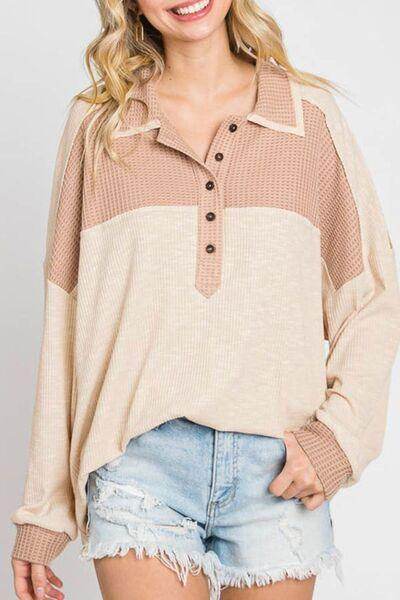Waffle-Knit Color Block Half Button Long Sleeve Top for Women - Selvanelle