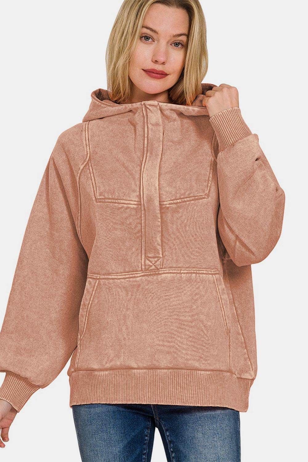 Zenana Acid Wash Fleece Kangaroo Hoodie for Women - Selvanelle