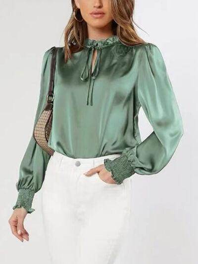 Frill Tied Lantern Sleeve Blouse for Stylish Women - Selvanelle