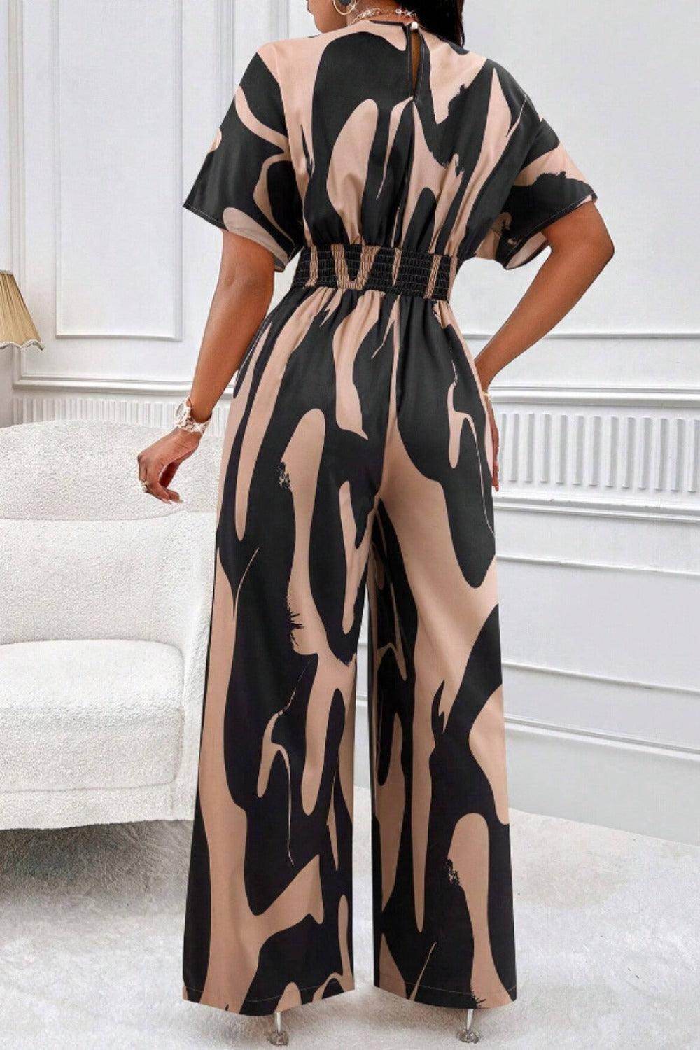 Printed V-Neck Short Sleeve Wide Leg Jumpsuit for Women - Selvanelle