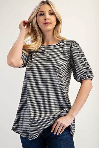 Celeste Full Size Gingham Print Top With Puff Sleeves Plus Size - Selvanelle