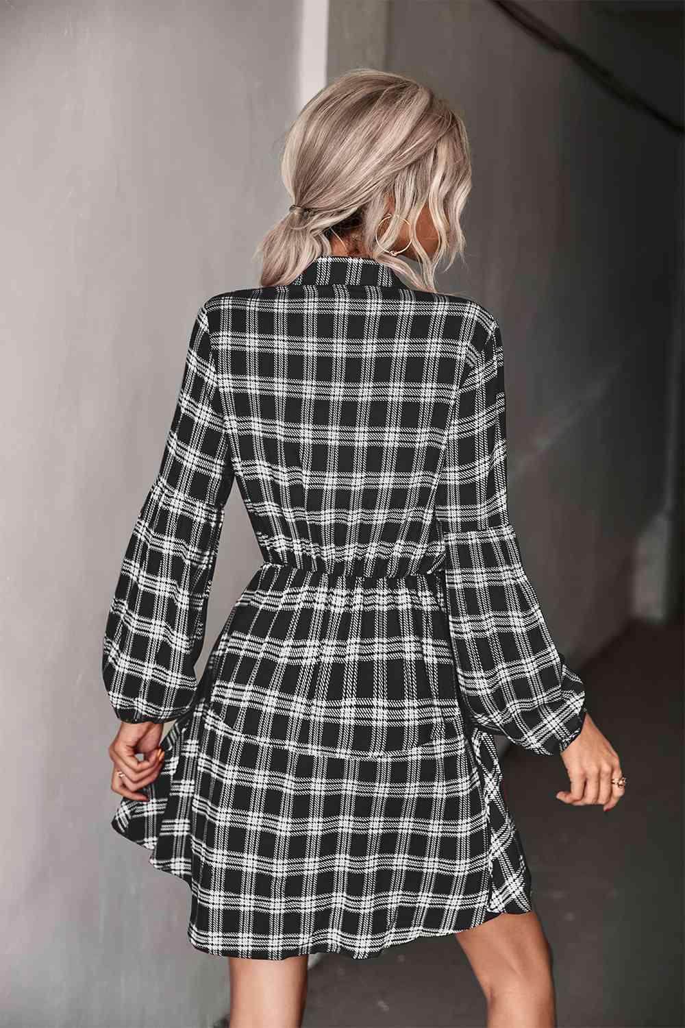 Plaid Band Collar Drawstring Shirt Dress for Casual Wear - Selvanelle