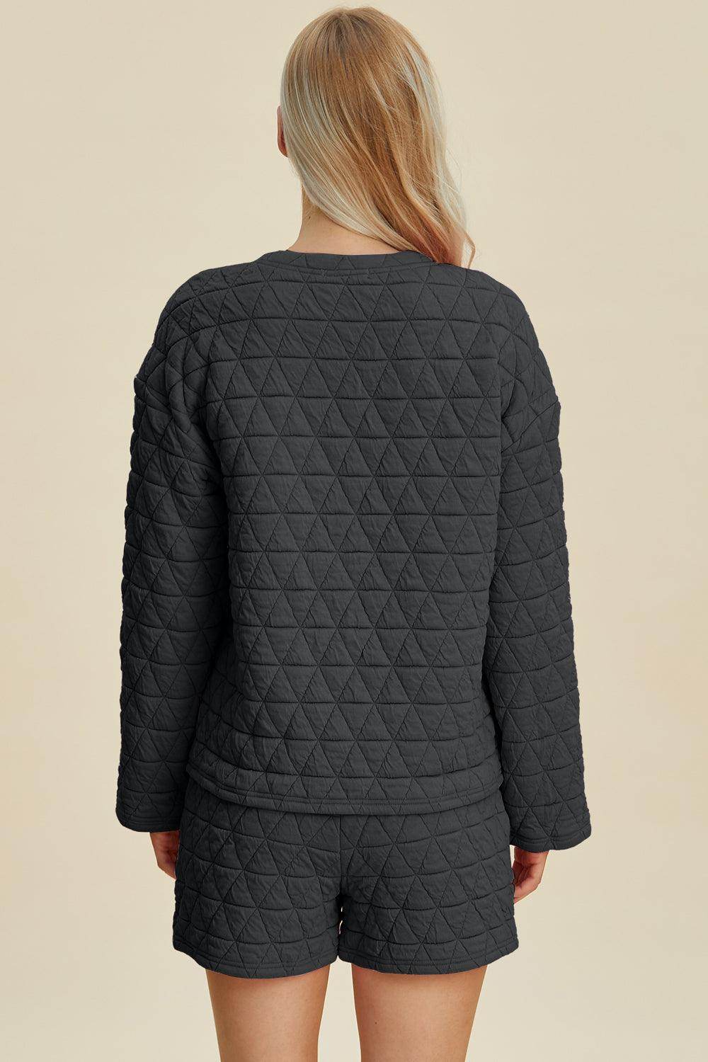 Double Take Full Size Texture Round Neck Long Sleeve Top and Shorts Set for Women - Selvanelle