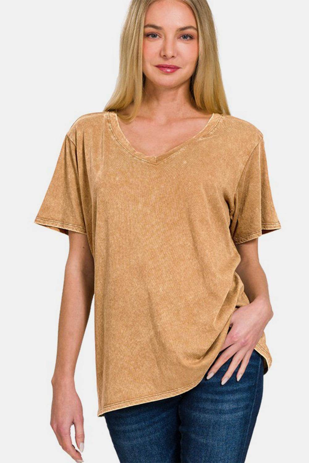 Zenana Full Size Washed Short Sleeve V-Neck T-Shirt for Women - Selvanelle