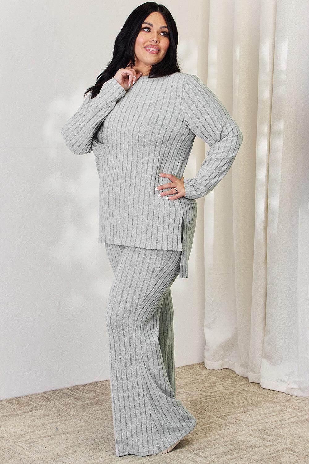 Basic Bae Full Size Ribbed High-Low Top and Wide Leg Pants Set - Selvanelle