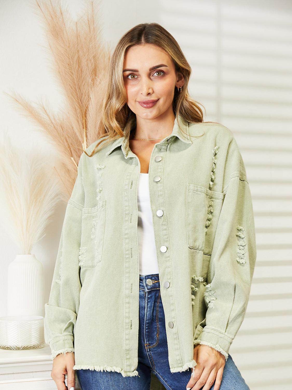 Distressed Raw Hem Denim Jacket for Relaxed Fit Style - Selvanelle