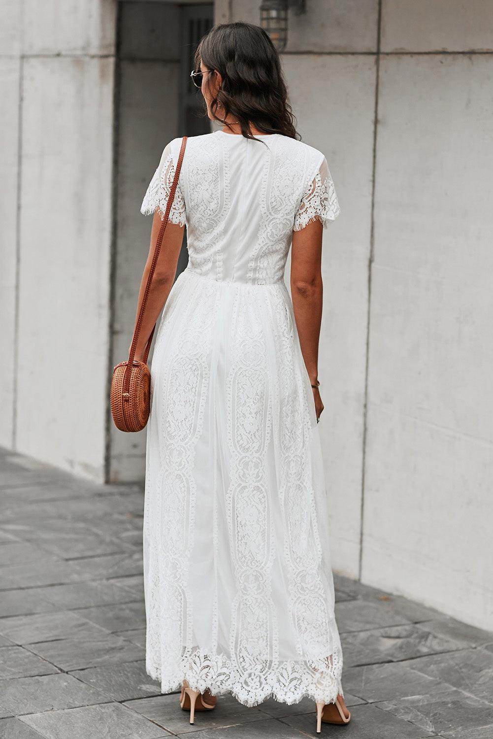 Scalloped Trim Lace Plunge Dress for Elegant Occasions - Selvanelle