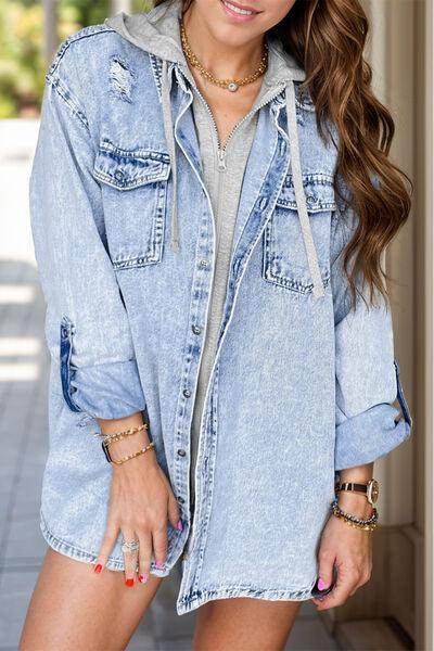 Distressed Button Up Long Sleeve Denim Jacket for Women - Selvanelle