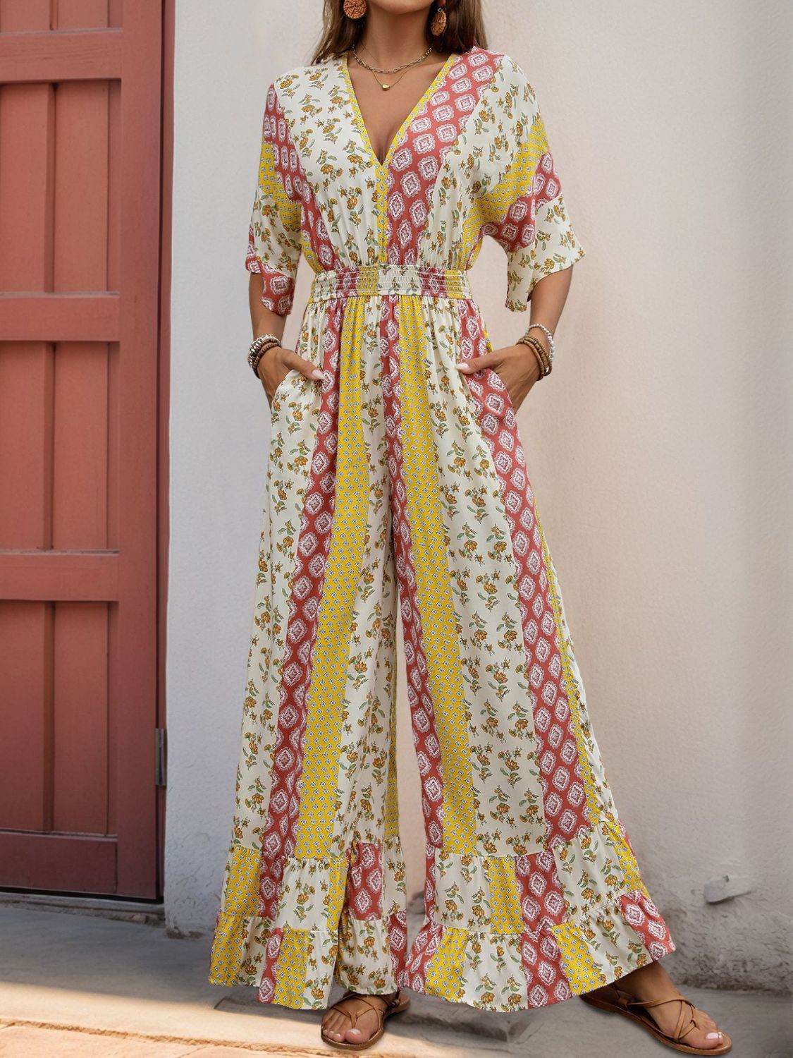 Perfee Ruffled Hem Printed V-Neck Jumpsuit - Selvanelle