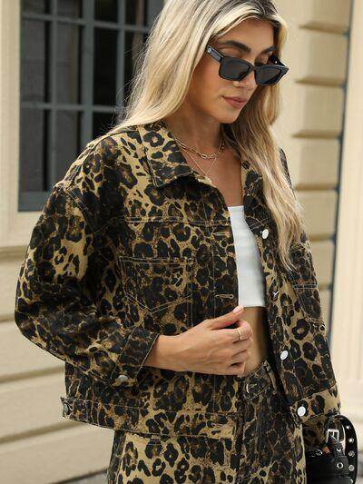 Pocketed Leopard Long Sleeve Denim Jacket for Women - Selvanelle