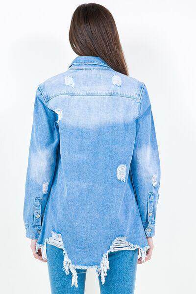 American Bazi Frayed Hem Distressed Denim Shirt Jacket - Selvanelle