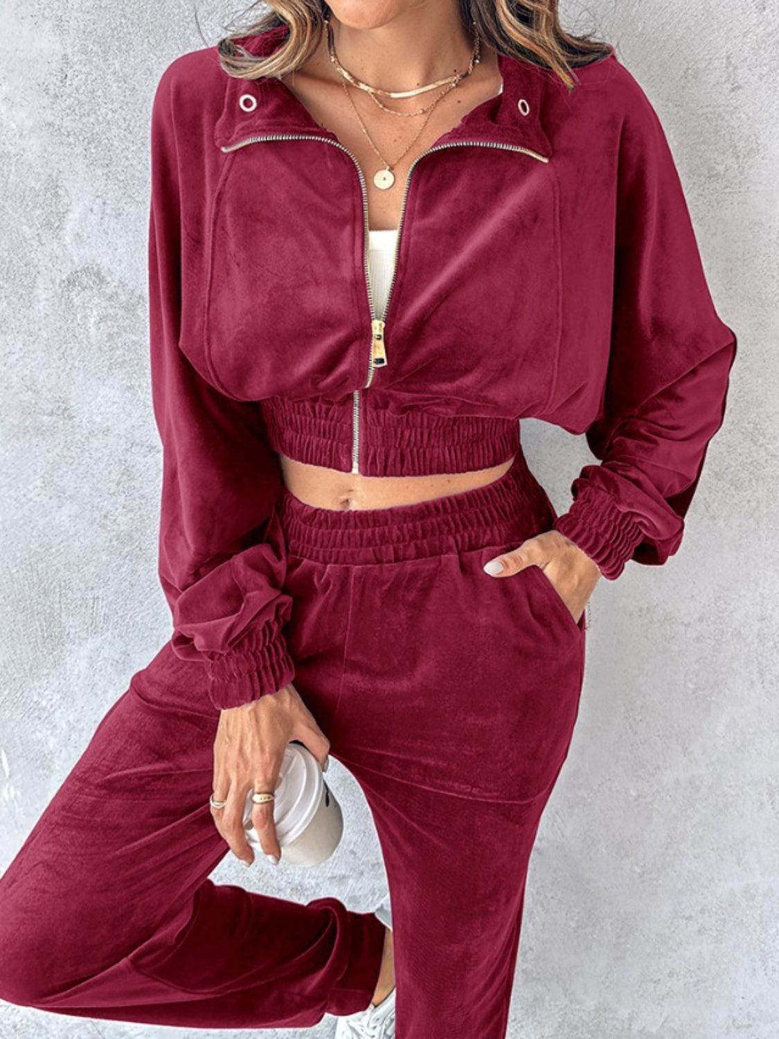 Zip Up Long Sleeve Cropped Top and Joggers Set for Women - Selvanelle