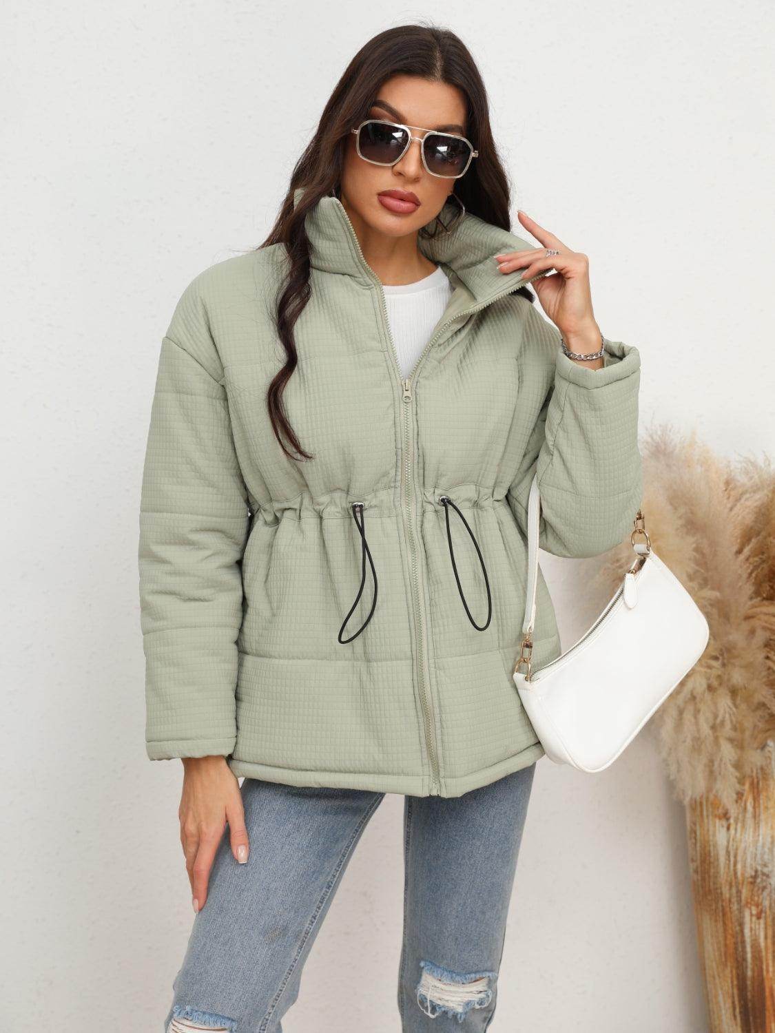 Drawstring Waist Zip-Up Puffer Jacket for Women Stylish Warmth - Selvanelle