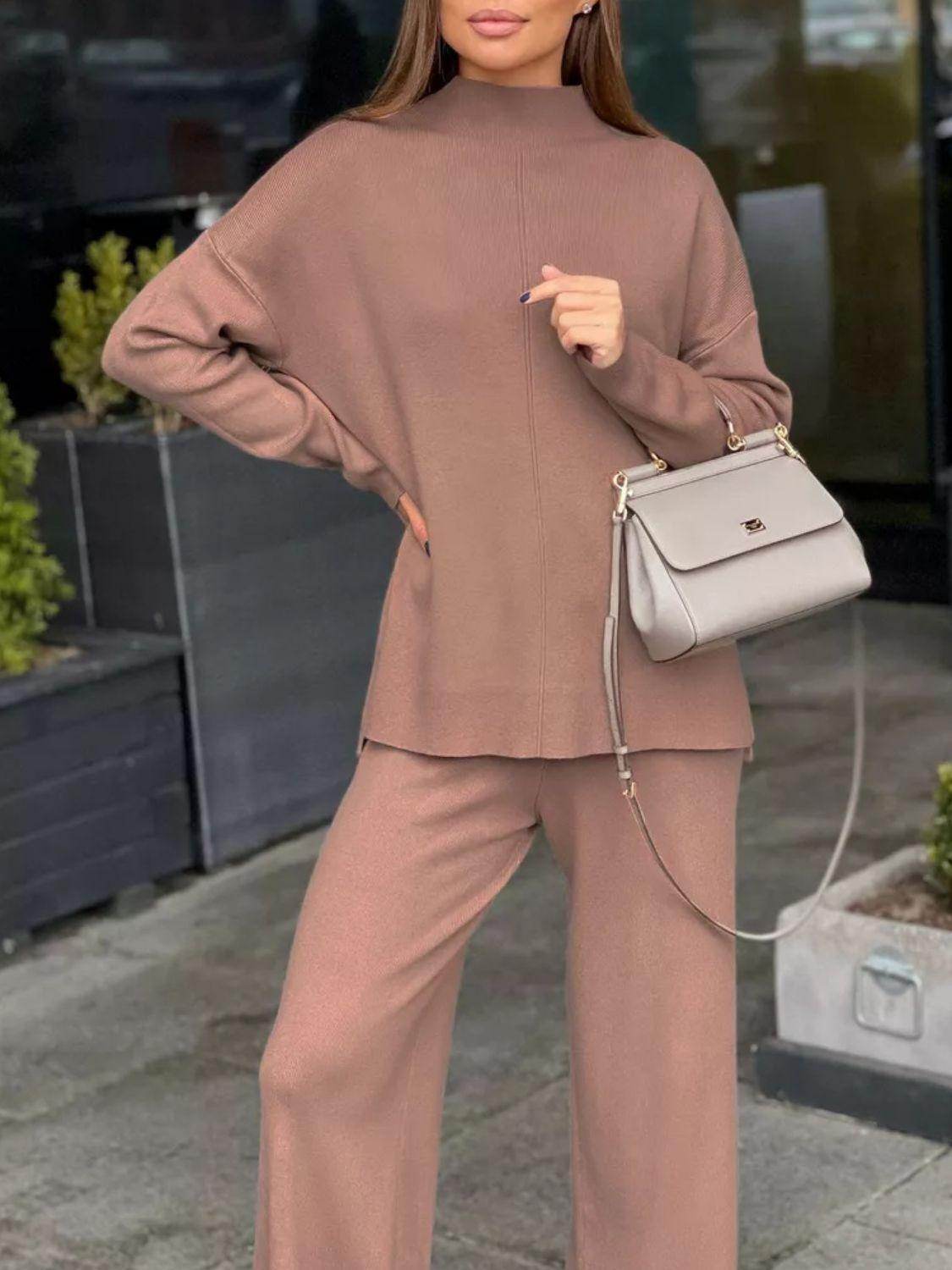 Slit Mock Neck Top and Pants Sweater Set for Women - Selvanelle