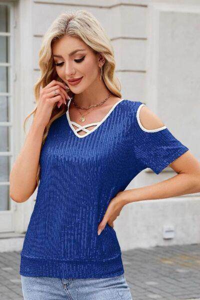 Sequin Cold Shoulder Short Sleeve Blouse for Women - Selvanelle