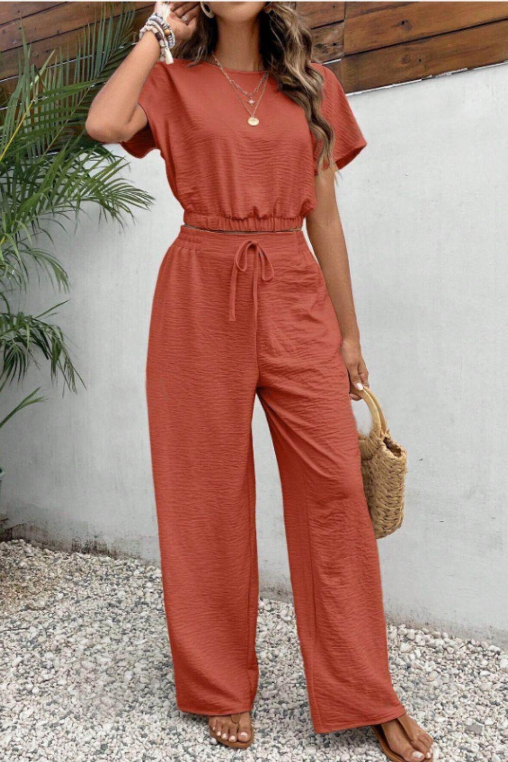 Round Neck Short Sleeve Top and Pants Set for Women - Selvanelle