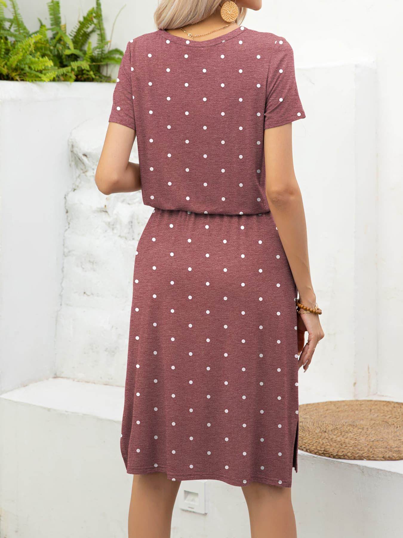 Round Neck Short Sleeve Slit Dress with Pockets for Women - Selvanelle