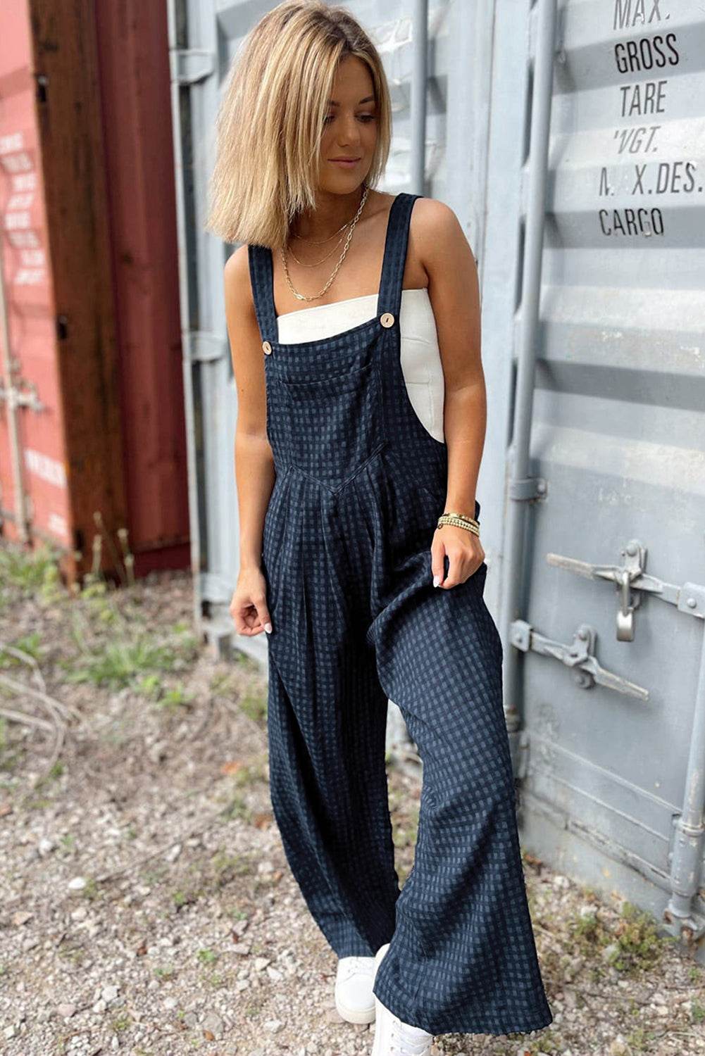 Plaid Wide Strap Wide Leg Overalls - Selvanelle