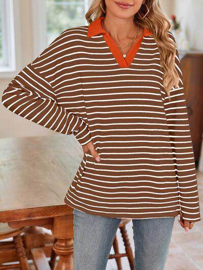 Lovelet Striped Johnny Collar Long Sleeve T-Shirt for Women - Selvanelle