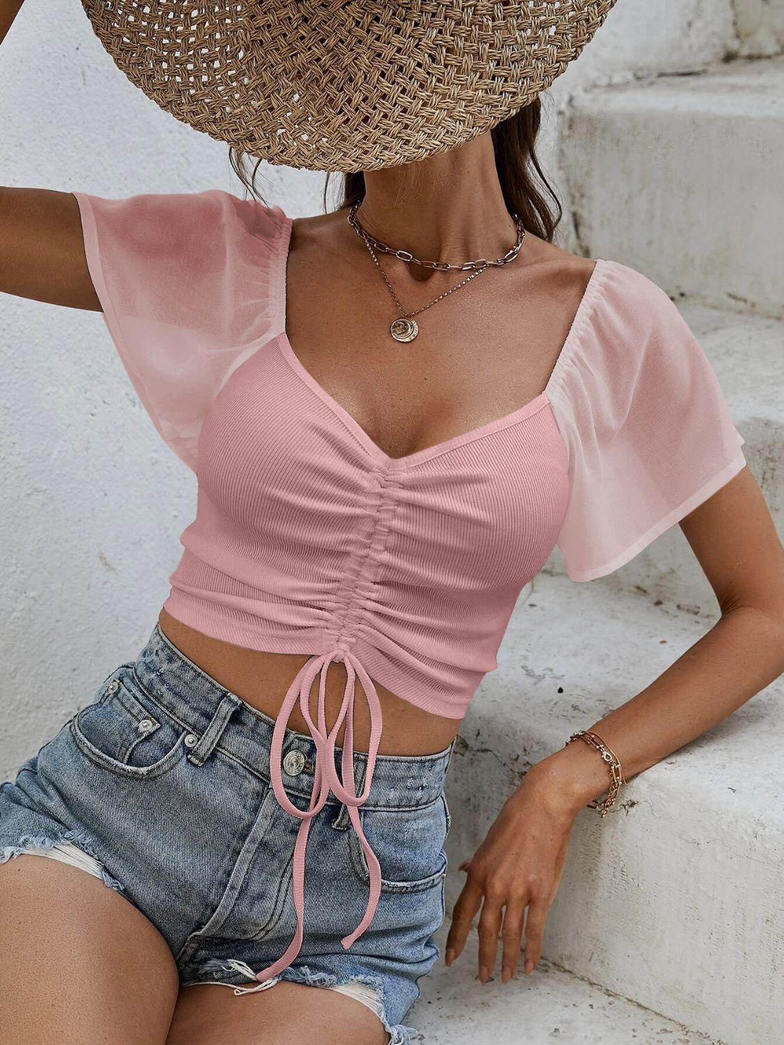 Drawstring Short Sleeve Crop Top for Stylish Summer Wear - Selvanelle