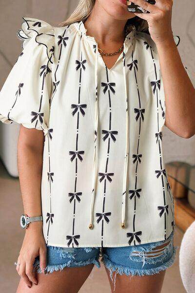 Bow Print Tie Neck Short Sleeve Blouse for Women - Selvanelle