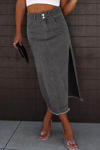 Raw Hem Slit Pocketed Midi Denim Skirt for Women - Selvanelle