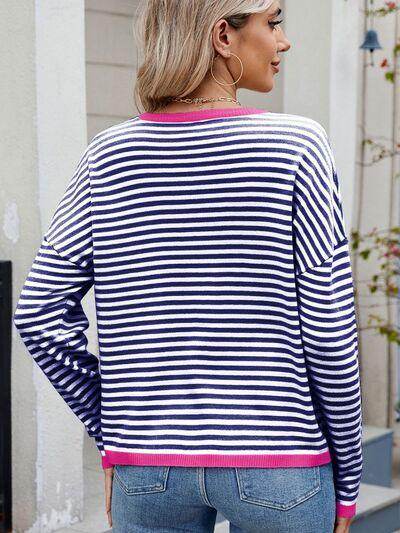Striped Contrast Round Neck Long Sleeve Sweater for Women - Selvanelle
