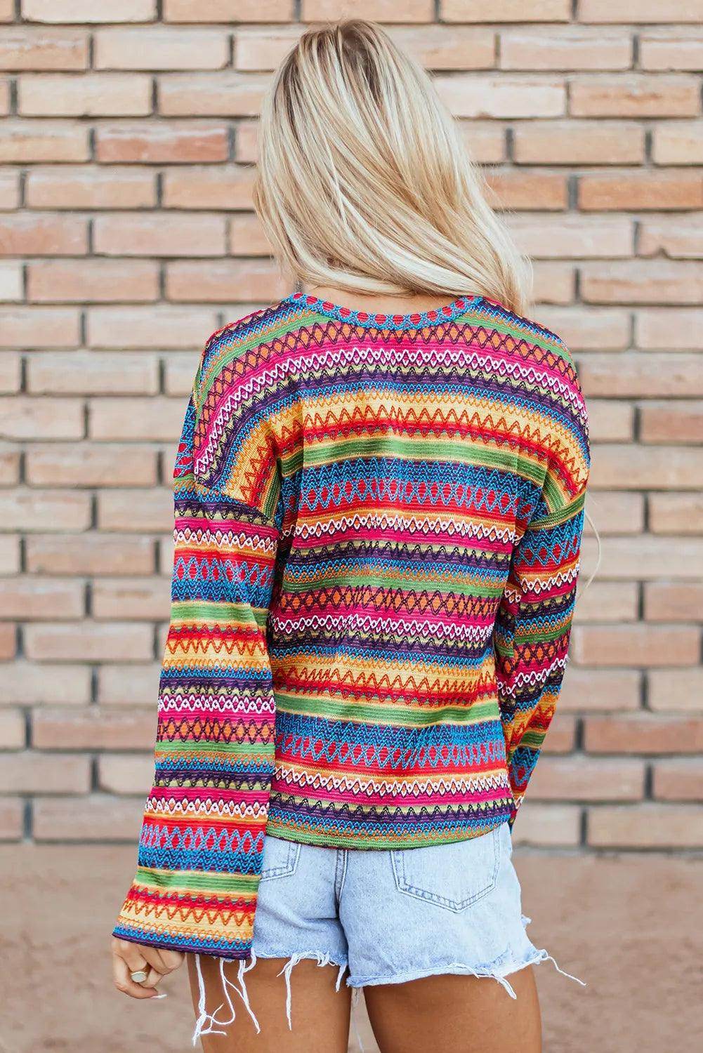 Contrast Round Neck Long Sleeve Top for Women Fashion - Selvanelle