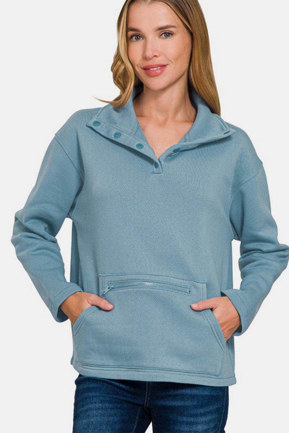 Zenana Turtleneck Half Snap Fleece Sweatshirt for Women - Selvanelle