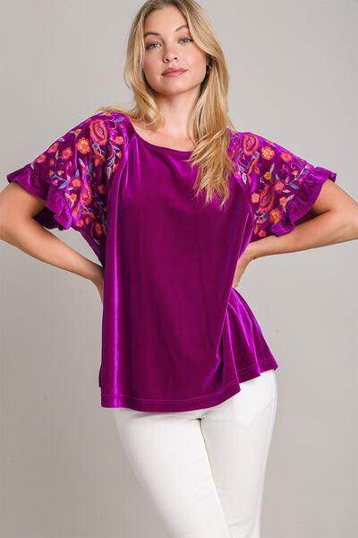 Umgee Full Size Velvet Embroidery Short Sleeve Blouse for Women - Selvanelle