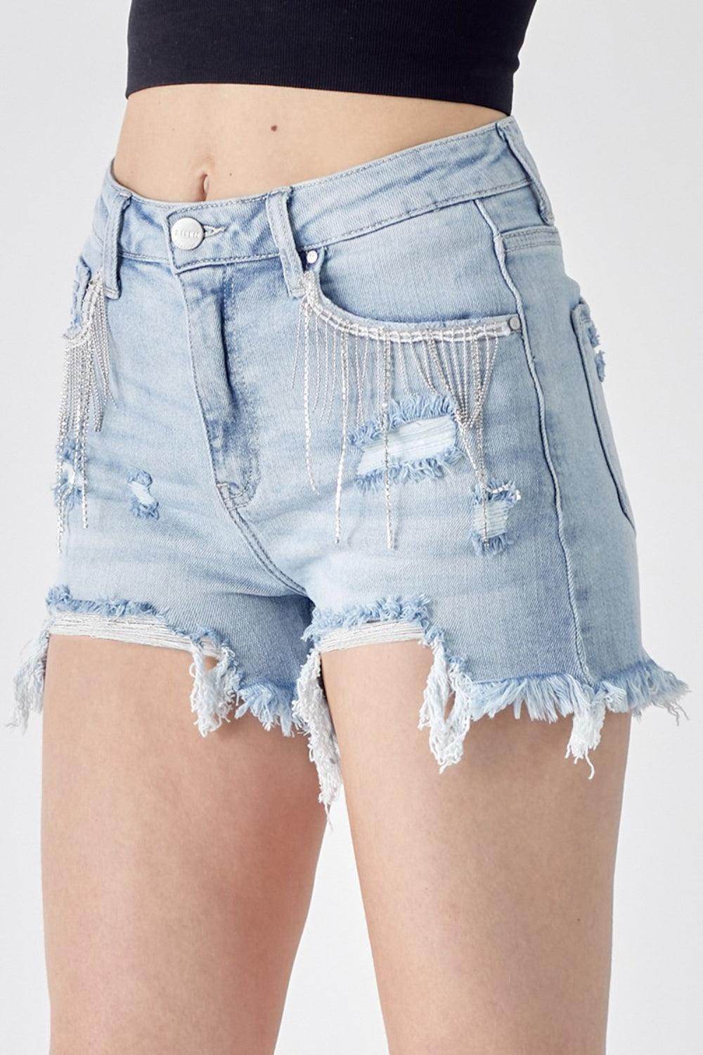 RISEN Frayed Hem Denim Shorts with Fringe Detail Pockets - Selvanelle