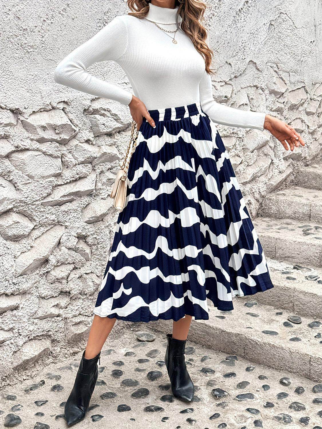 Pleated Printed Elastic Waist Skirt for Women in Various Sizes - Selvanelle