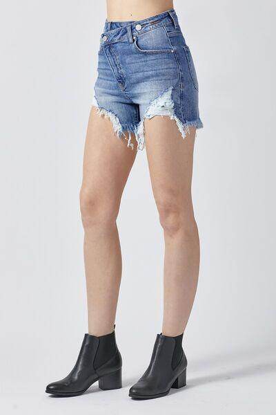 RISEN Raw Hem Asymmetrical Waist Denim Shorts for Women - Selvanelle