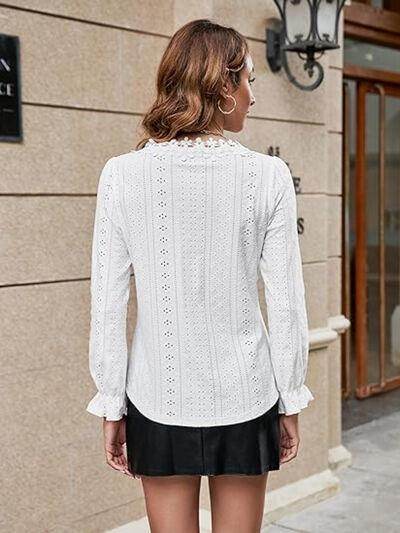 Lace Detail Eyelet V-Neck Flounce Sleeve Blouse for Women - Selvanelle