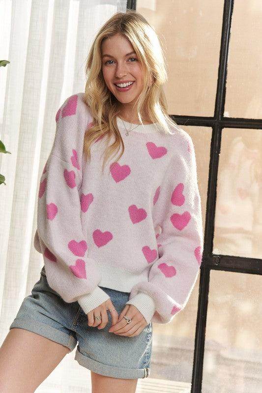 ADORA Heart Round Neck Drop Shoulder Sweater for Women - Selvanelle