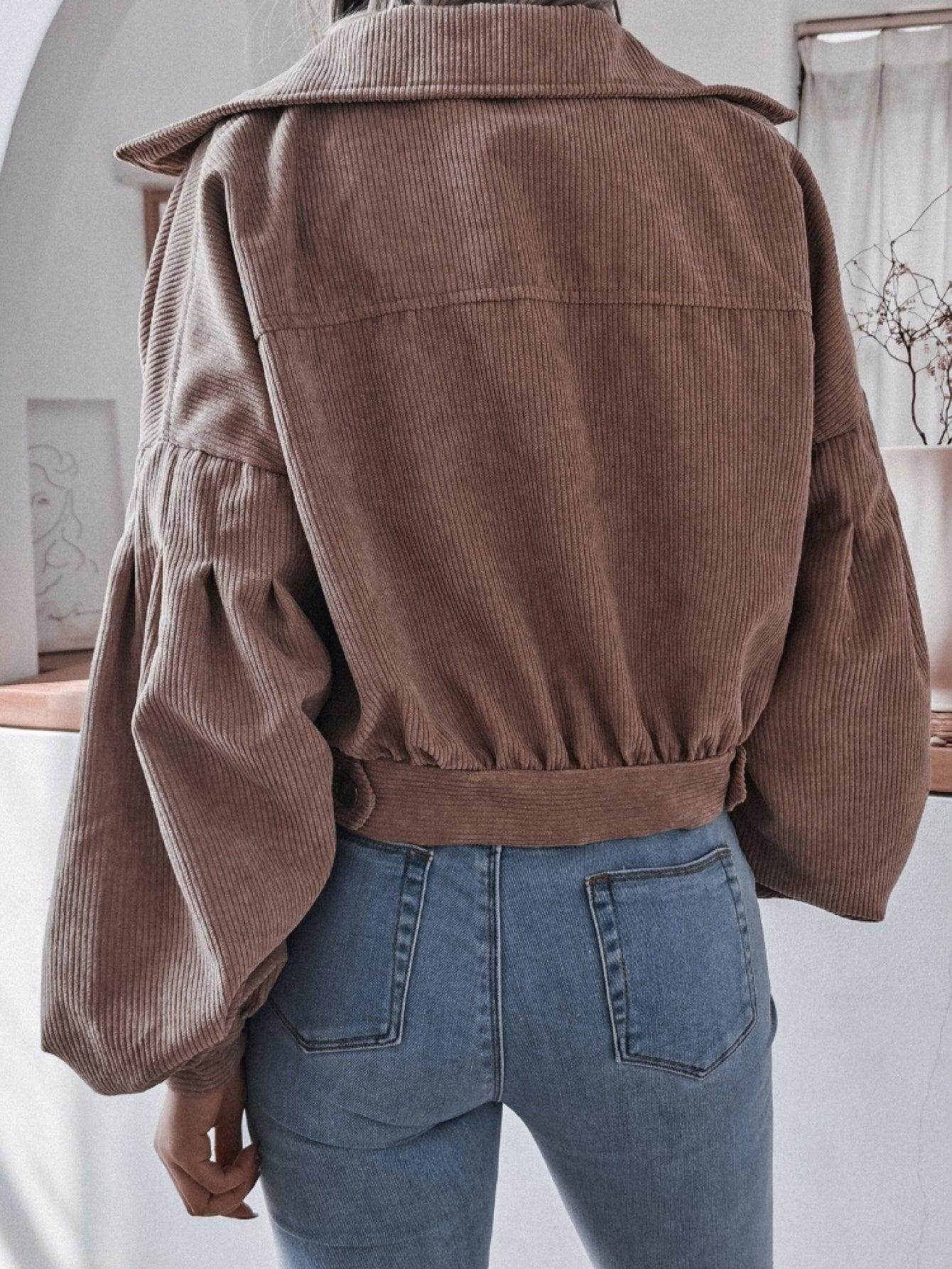 Lantern Sleeve Cropped Corduroy Jacket for Stylish Comfort - Selvanelle
