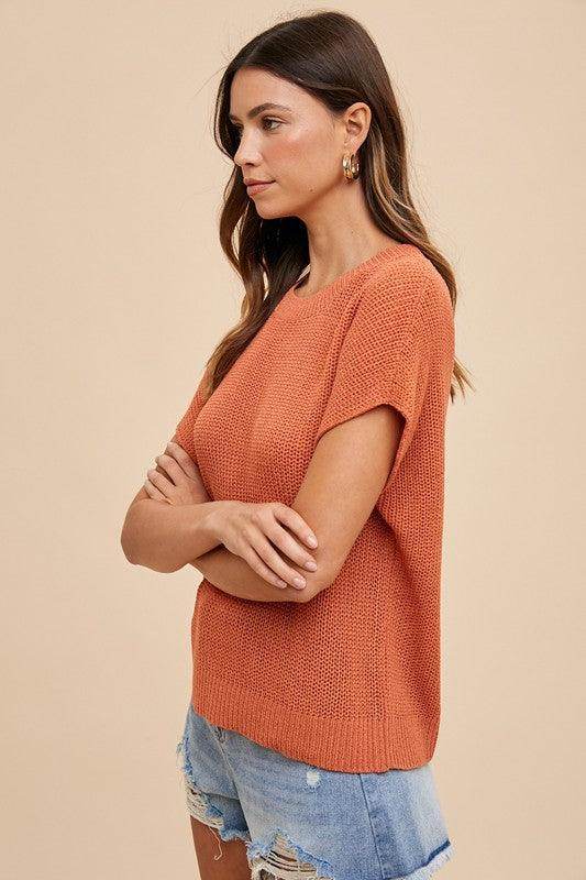 Annie Wear Round Neck Short Sleeve Sweater for Women - Selvanelle