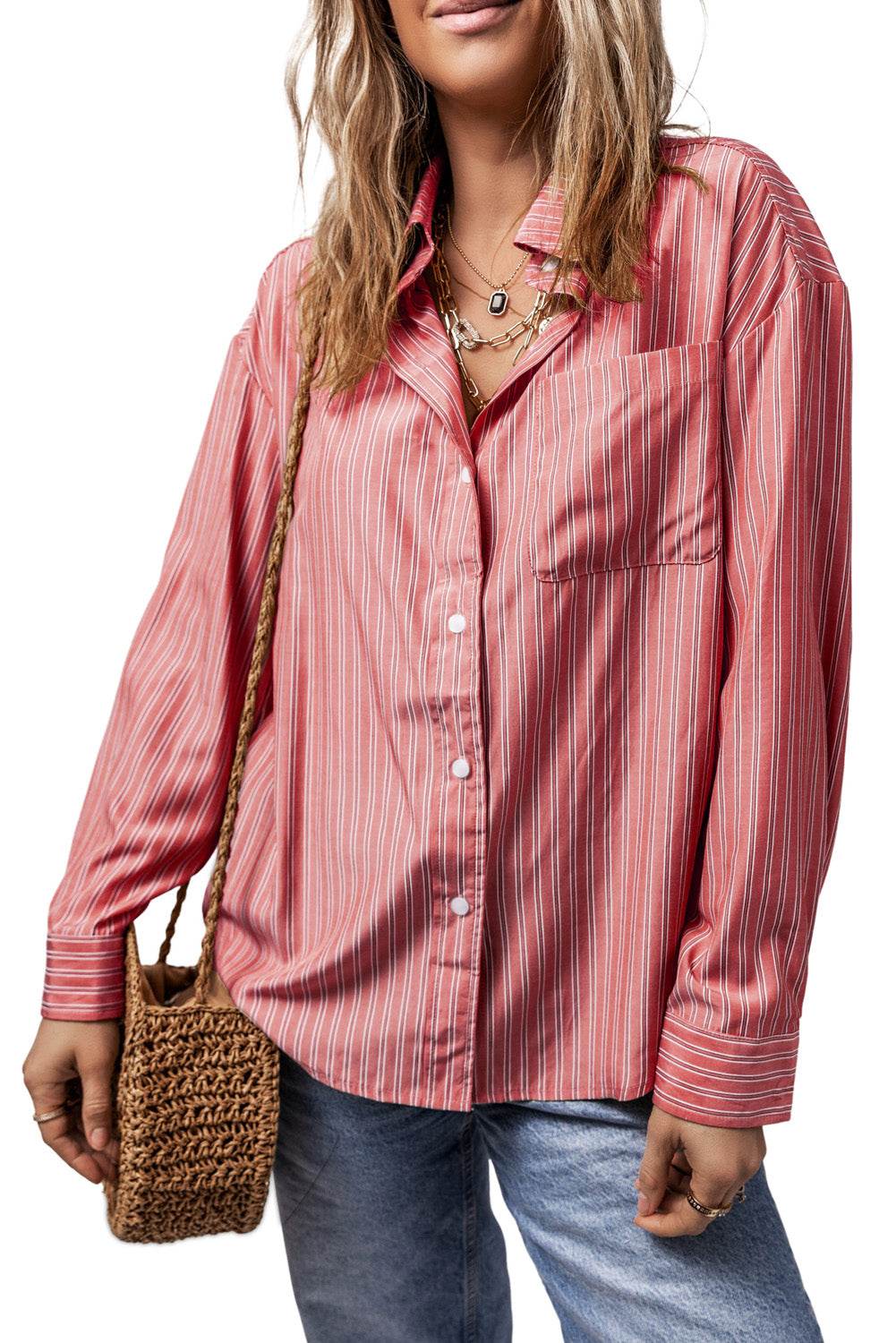 Striped Button Up Long Sleeve Shirt - Selvanelle