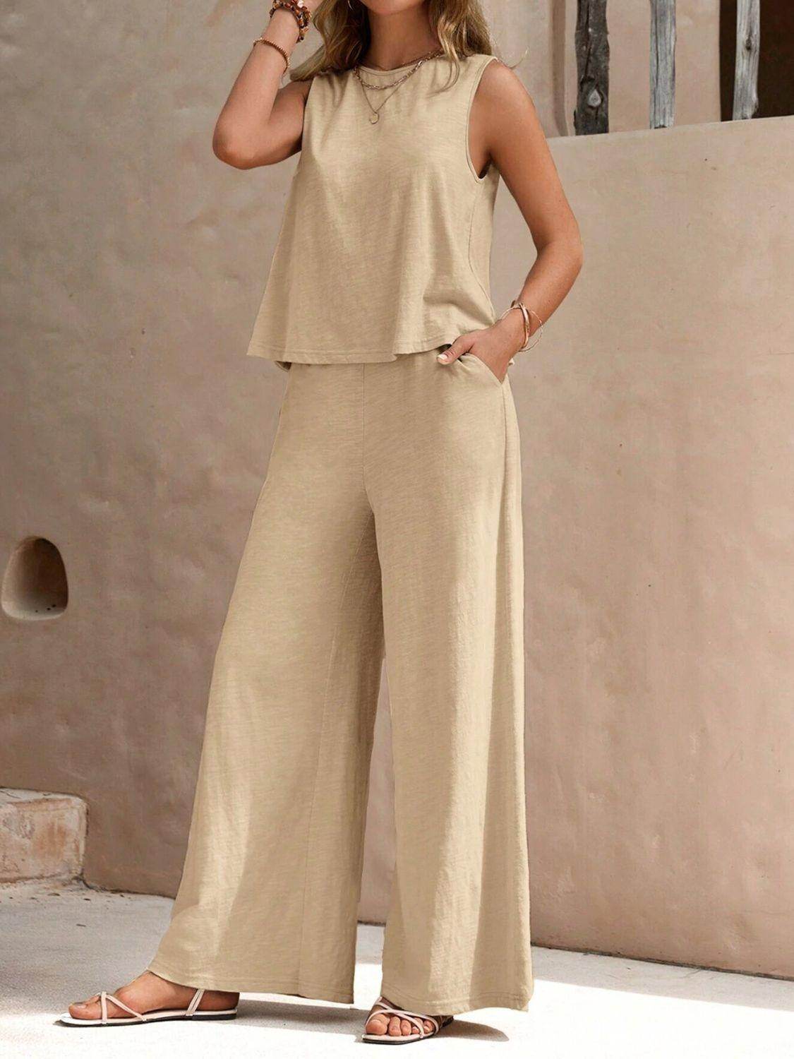 Stylish Round Neck Sleeveless Top and Wide Leg Pants Set - Selvanelle