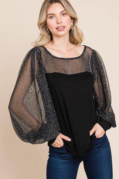 Super Lady Full Size Metallic Mesh Lantern Sleeve Blouse - Selvanelle