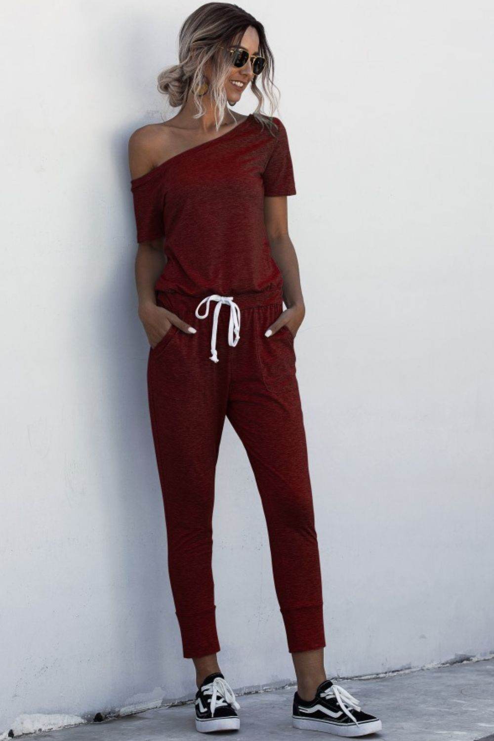 Asymmetrical Neck Tied Jumpsuit with Pockets - Selvanelle