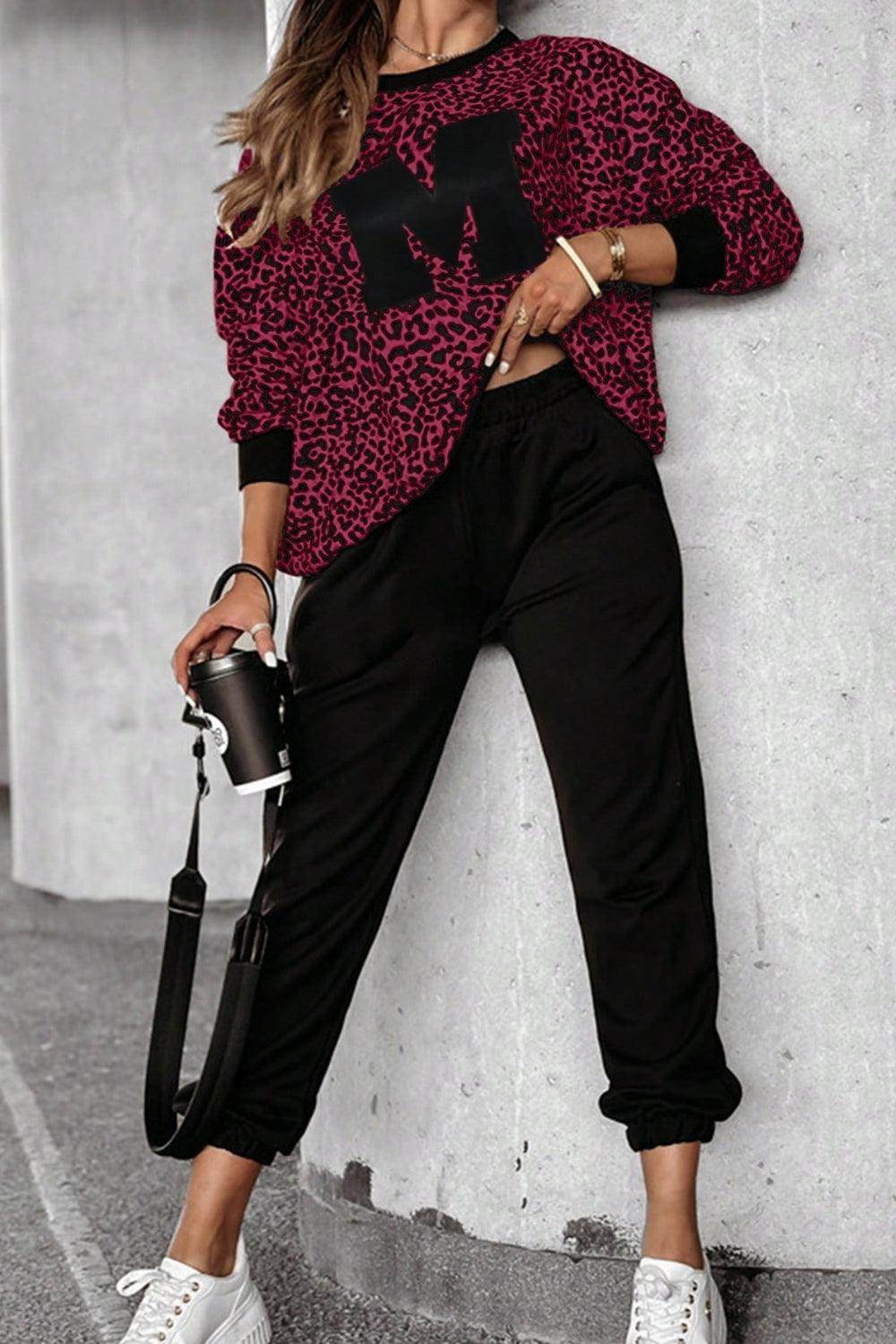 Letter M Leopard Round Neck Top and Pants Set for Women - Selvanelle