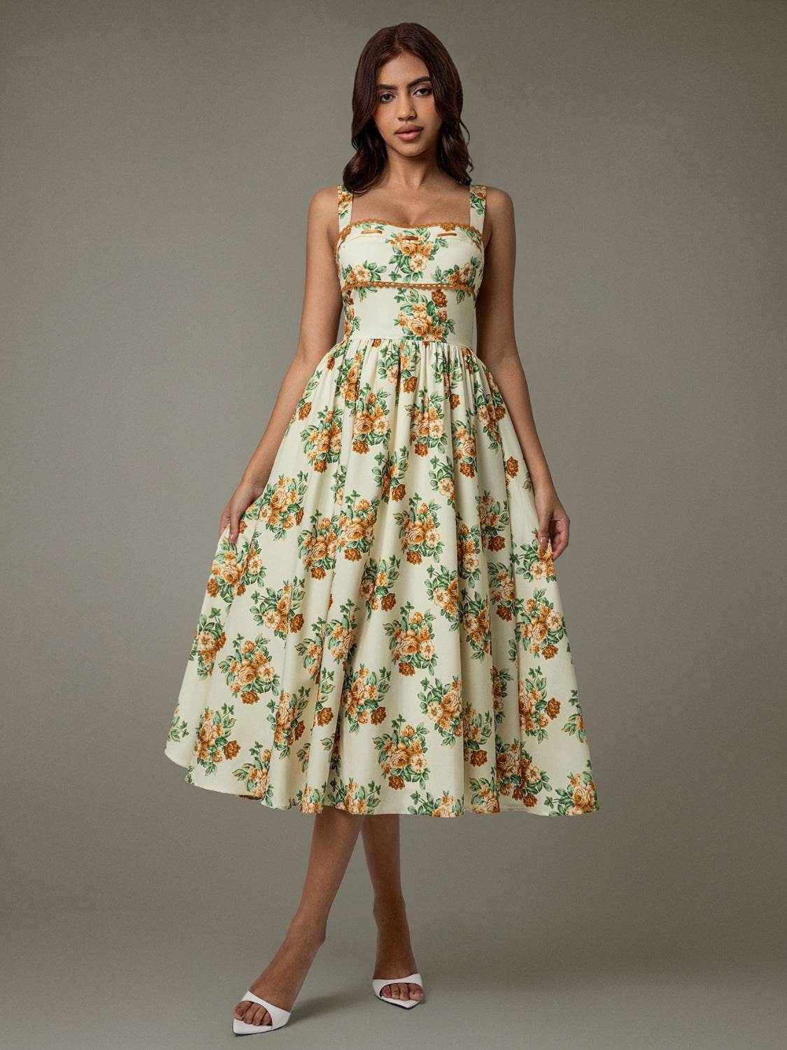 Lace Trim Floral Sleeveless Midi Dress - Selvanelle