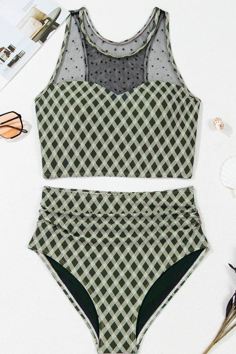 Dotted Mesh Plaid Patchwork High Waisted Swim Set - Selvanelle