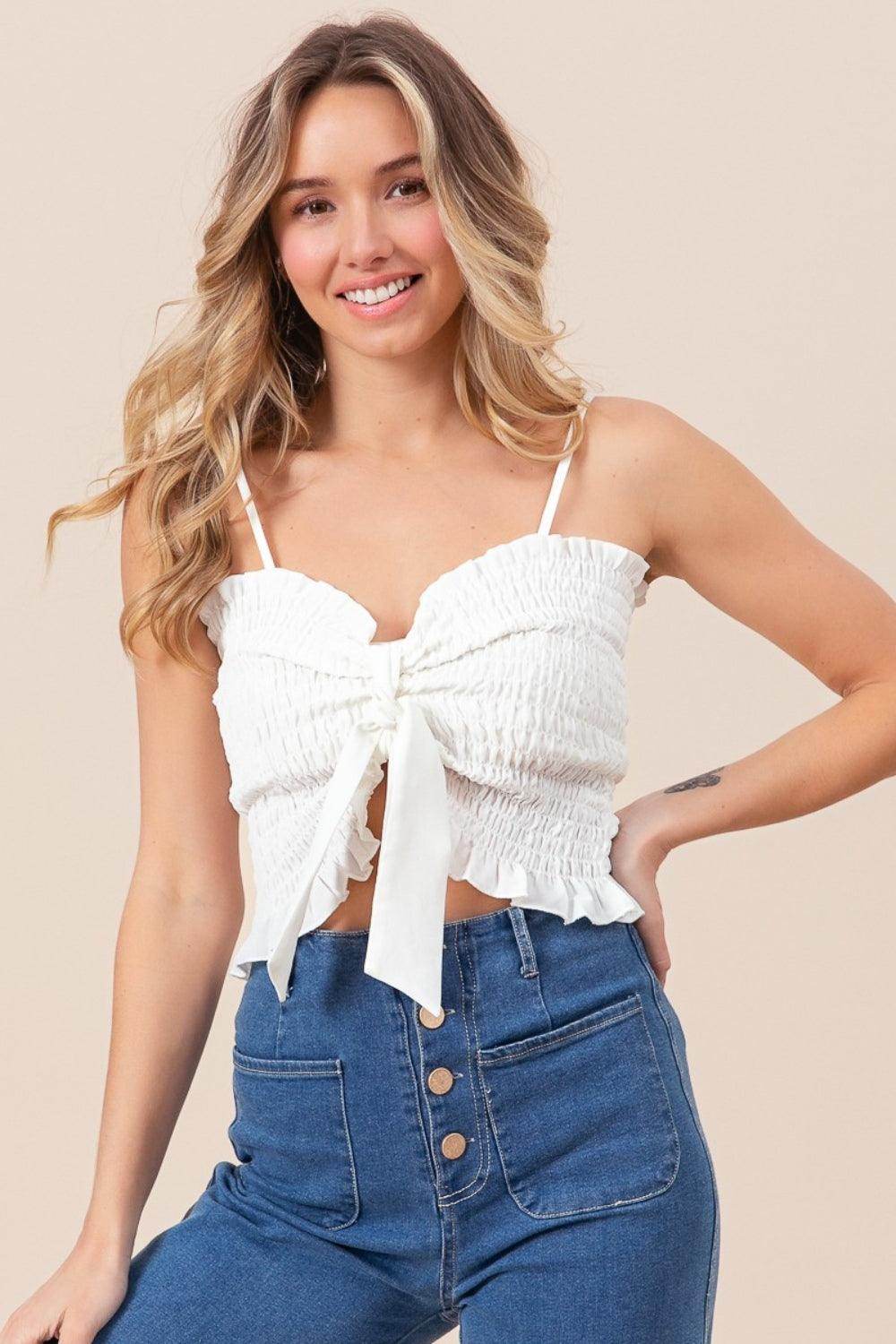 BiBi Ruffled Smocked Ribbon Detail Cami for Women - Selvanelle